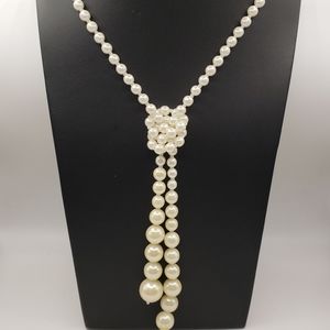 Graduated Faux Pearl Necklace Vintage Costume Jewelry Natural Knotted Tassel